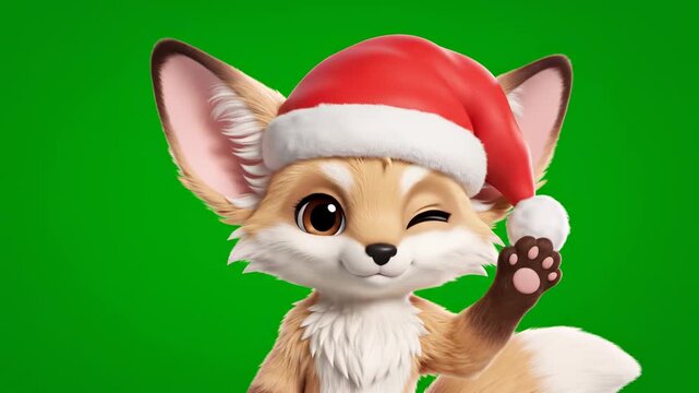 Festive Fennec Fox in Santa Hat with Green Background.