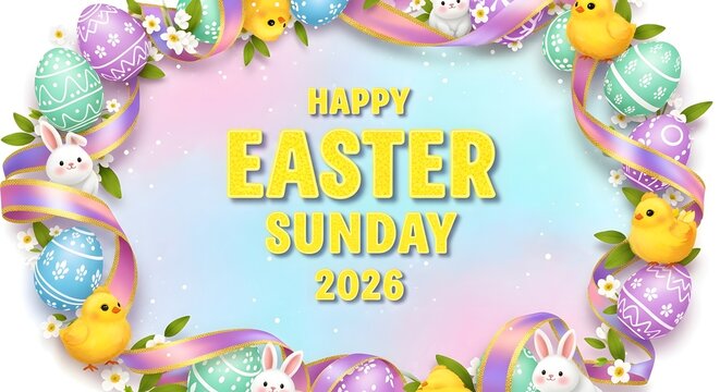 Happy easter sunday 2025 frame with eggs, bunnies, and chicks