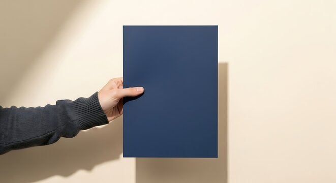 Hand Holding Blank Dark Blue Folder Against Textured Wall with Sunlight Shadows.