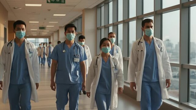 Group of medical professionals men and a woman walking in hospital corridor wearing face masks, white robes and scrubs. Healthcare team concept. Brave heroes ready to save life.