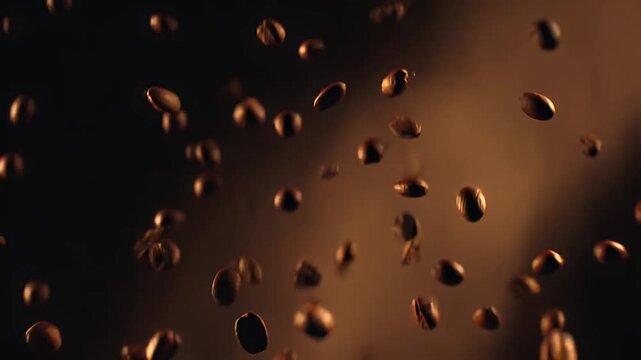 Roasted coffee beans suspended in mid air against a dark background