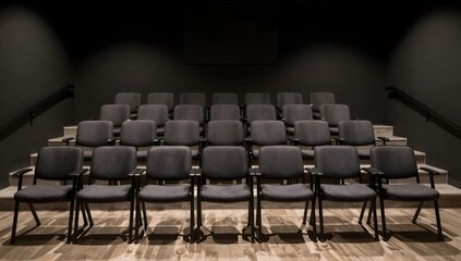 Obraz premium Rows of gray chairs in a dark auditorium create a sense of anticipation