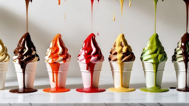 Colorful ice cream in waffle cones with dripping toppings on a white background