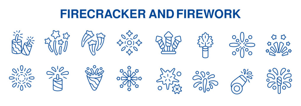 A comprehensive set of thin line icons depicts various firecrackers and fireworks for festive celebrations.