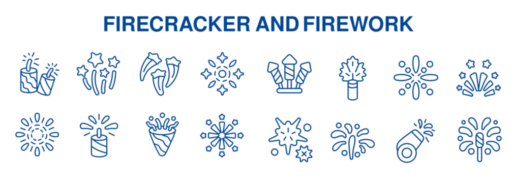 A comprehensive set of thin line icons depicts various firecrackers and fireworks for festive celebrations.