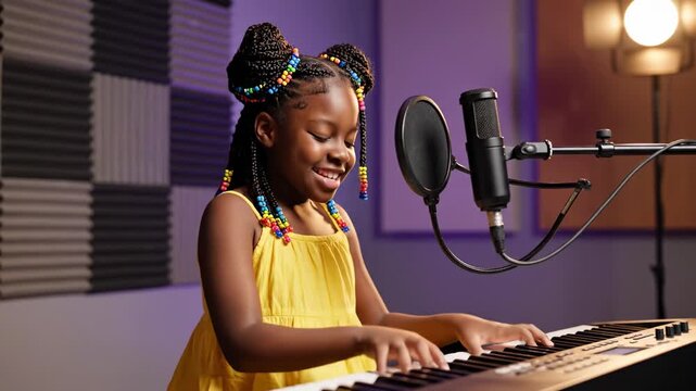 Young girl singing and playing piano in a recording studio.