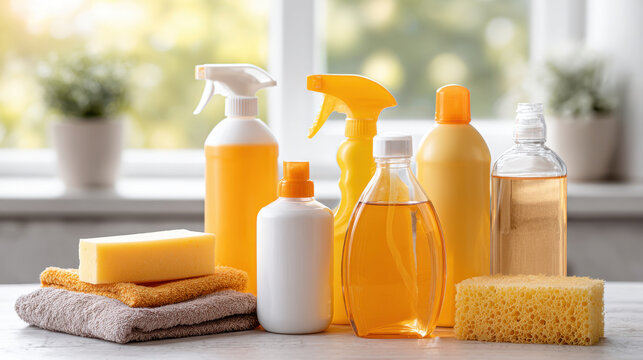 bright and clean kitchen scene featuring various household cleaning supplies and detergents on clean background