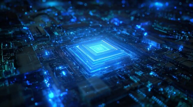 High-performance AI processor with glowing blue energy flows for superfast data computation (AI Generated)