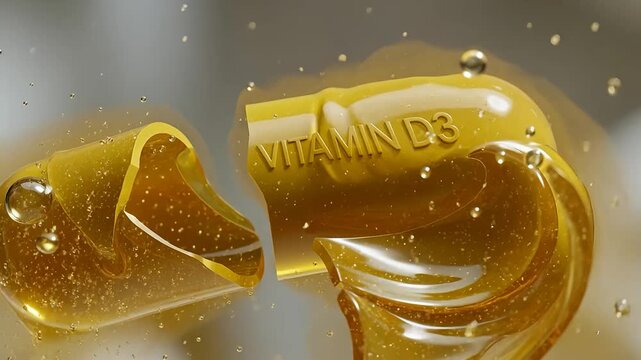 Close up of a broken open vitamin D3 capsule and small droplets