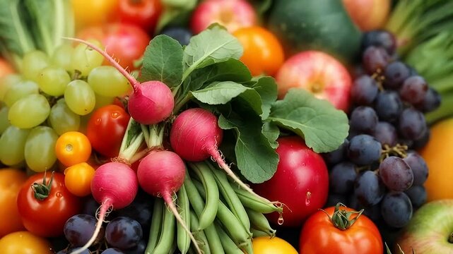 Vibrant display of assorted fresh fruits and vegetables in close up view