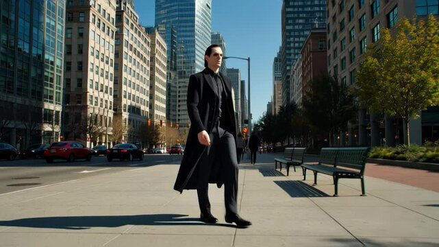Stylish man in dark overcoat strolling through a sunlit urban avenue among tall skyscrapers.