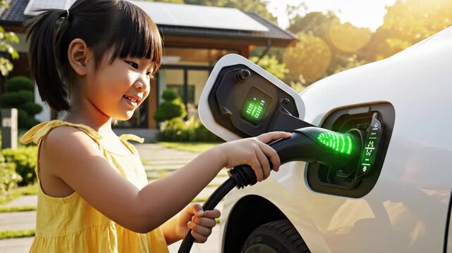 Child charging electric car at home with solar panels on roof