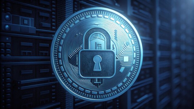 Secure Server with Reflective Coin and Padlock Symbolizing Protection