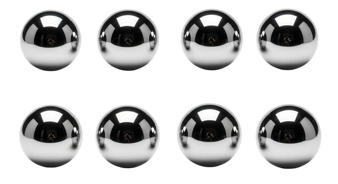 eight chrome spheres arranged in rows against a white background concepts like teamwork or innovation visual content