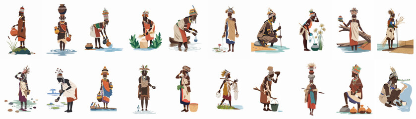 Diverse African Tribal Women in Traditional Attire Engaging in Daily Life Activities, Collecting Water and Resources, Illustrating Culture and Heritage. © Asep