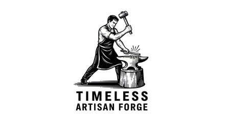 Blacksmith Forging Metal on Anvil with Hammer Illustration.