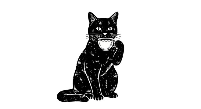 Black Cat Enjoying a Cup of Coffee Illustration.