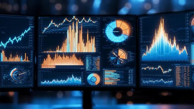 Multiple screens displaying financial data and charts in blue and orange tones