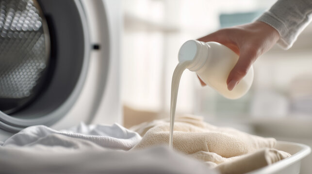 Close-up of woman pouring liquid laundry detergent into measuring cap next to open washing machine filled with light-colored towels, household laundry routine in modern bright inte