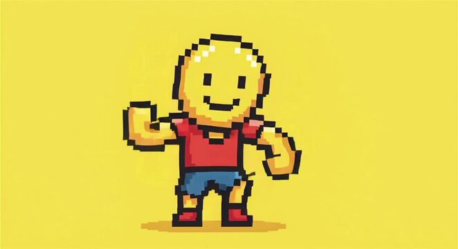 Happy Pixel Art Character in Red T-shirt Running on Yellow Background