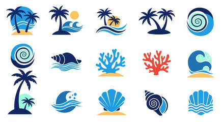 Collection of Tropical Beach and Ocean Themed Icons and Symbols. © Yann