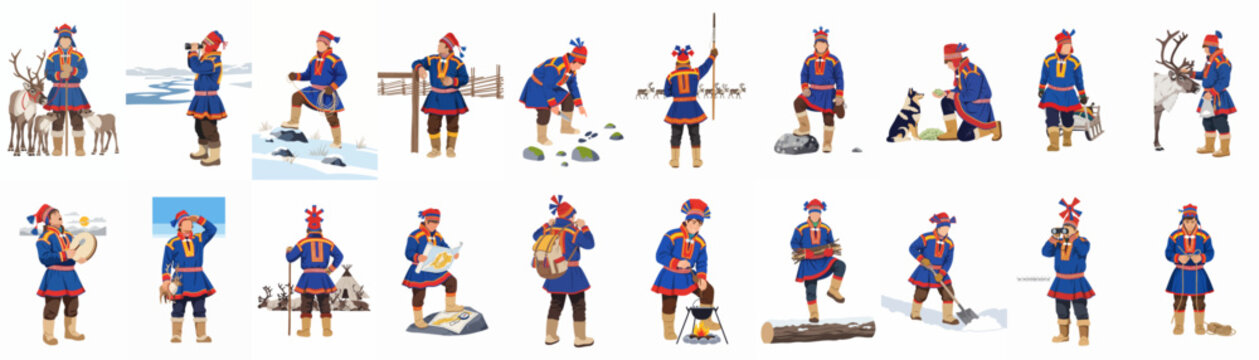 Traditional Sami lifestyle: reindeer herding, winter activities, cultural attire, and indigenous practices.