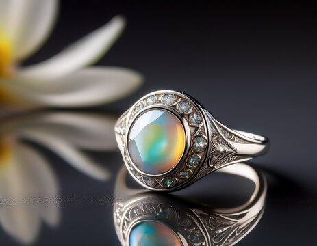 elegant silver ring with opal stone on calm background display