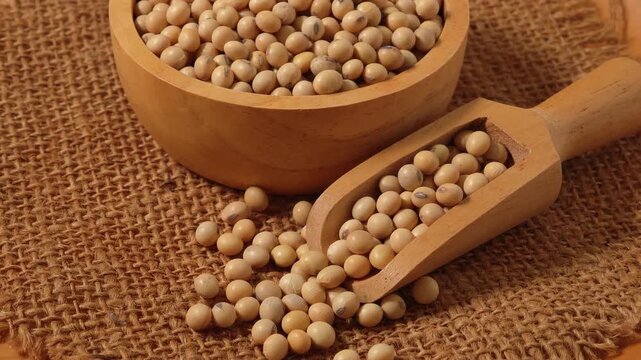 Dried soybeans in a wooden cup.