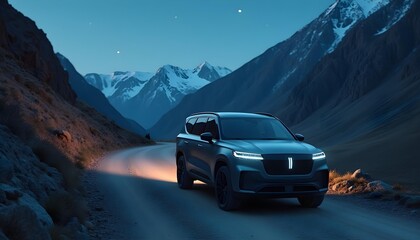 Obraz premium AI generated modern SUV Driving on Mountain Road at Dusk