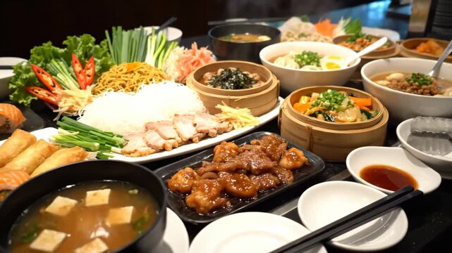 Assorted Asian dishes including rice, vegetables, and meat on a table.