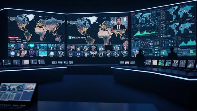 Global News Control Room with Massive Video Wall Displaying World Maps, Live Broadcast Feeds and Real-Time Data Analytics &ndash; Television Studio, Digital Media Network Background in 4K