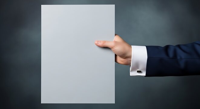 Man in Suit Holding Blank Gray Paper Document for Presentation.