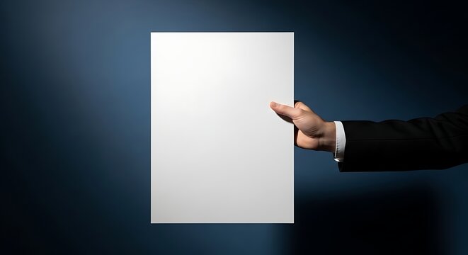 Hand in Suit Holding Blank White Paper Against Dark Blue Textured Background.