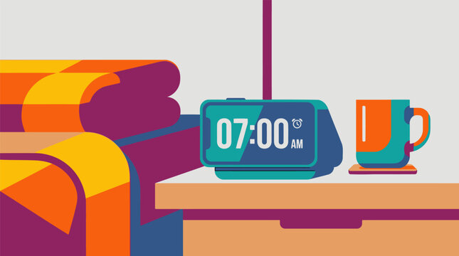 Morning alarm clock and coffee on a bedside table.
