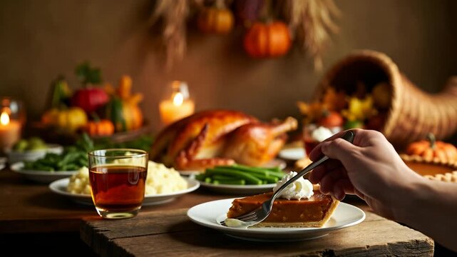 A festive Thanksgiving feast with turkey, pumpkin pie, and autumnal decor