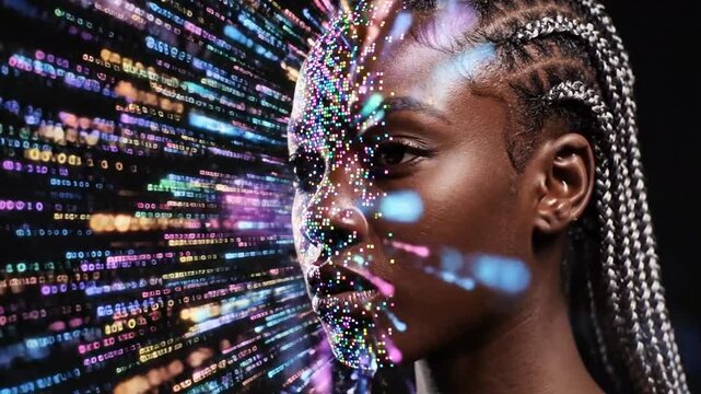 Futuristic portrait of a woman with digital data particles exploding around her face, representing artificial intelligence and technology.