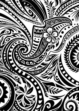 Polynesian Dynamic Tribal Art Motif for Jersey and Textile Prints with Monochromatic Patterns with floral illustration, Abstract Monochrome Jersey Texture, Polynesian tribal art pattern, Jersey print.