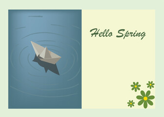 Naklejka premium Hello Spring Greeting Card with Paper Boat on Water and Green Flowers for Seasonal Background and Poster