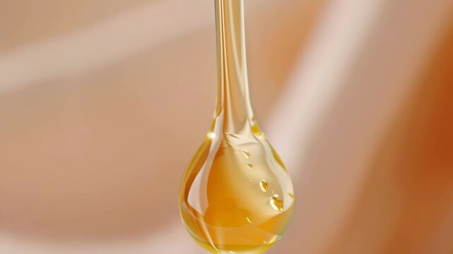 Golden facial oil being applied. Observe the texture and consistency of the oil as it drops from a dropper. See how it blends easily into the skin