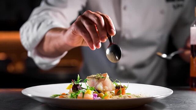 Chef meticulously garnishing a gourmet fish dish with culinary precision and artistry