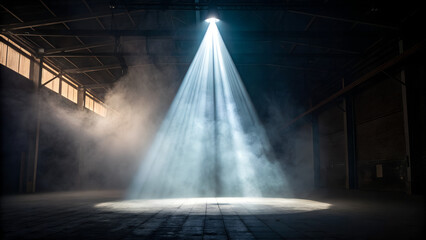 Strong central overhead beam splitting into multiple softer secondary rays, illuminated mist with visible volumetric depth, dramatic spotlight glow falloff.