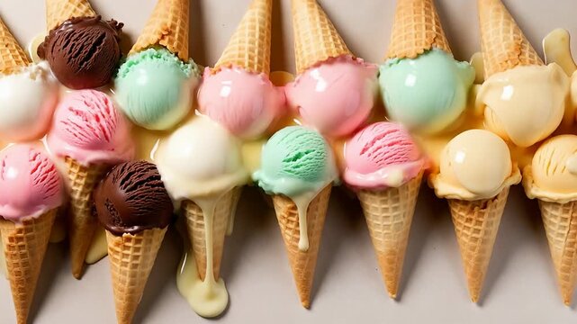 Colorful Assortment of Ice Cream Cones Melting Together on a White Surface