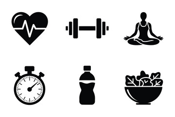 Fitness and Wellness Icons - Heart, Dumbbell, Yoga