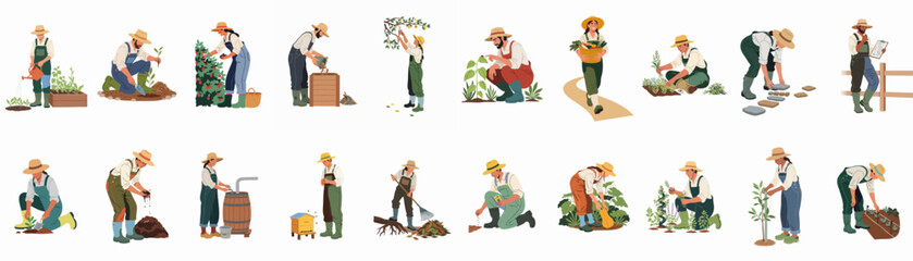 A comprehensive set of illustrations showcasing diverse gardening and farming activities, from planting and harvesting to composting and beekeeping, highlighting sustainable agriculture. © Asep