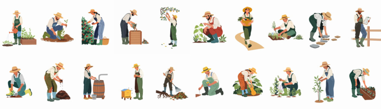 A comprehensive set of illustrations showcasing diverse gardening and farming activities, from planting and harvesting to composting and beekeeping, highlighting sustainable agriculture.