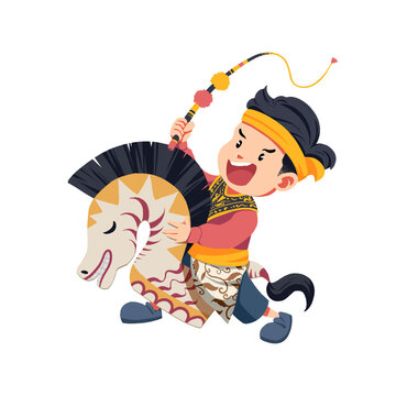 Indonesian Boy Performing Kuda Lumping Traditional Dance Cartoon Illustration