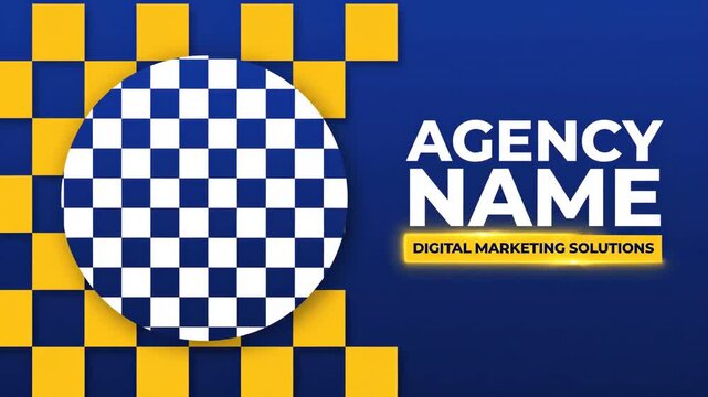 Dynamic checkerboard animation with company name and digital marketing solutions on blue gradient background for commercial use