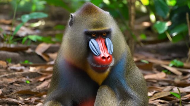 Portrait of a colorful mandrill in natural habitat amidst lush greenery showing unique markings and intense gaze