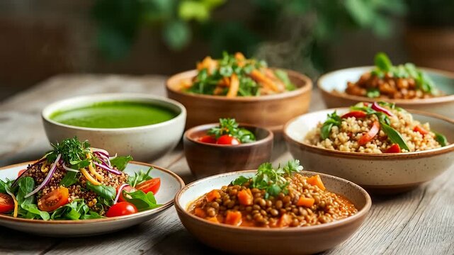 Rustic Wooden Table Displaying an Array of Delicious and Vibrant Vegetarian Dishes
