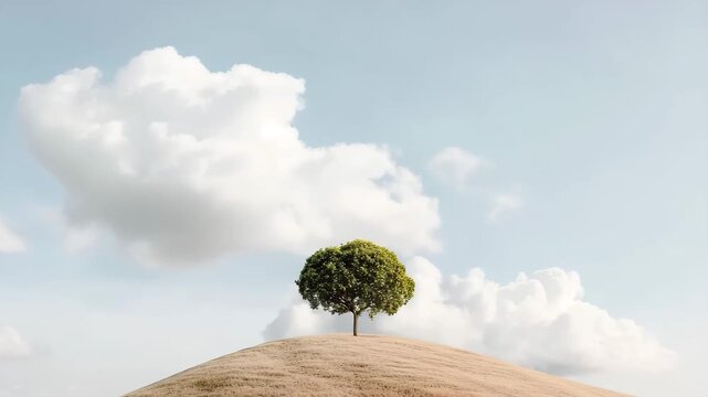 A single tree stands tall on a green hill. The sky above is filled with clouds that move slowly. Sunlight changes as the clouds drift, creating different shadows on the hill